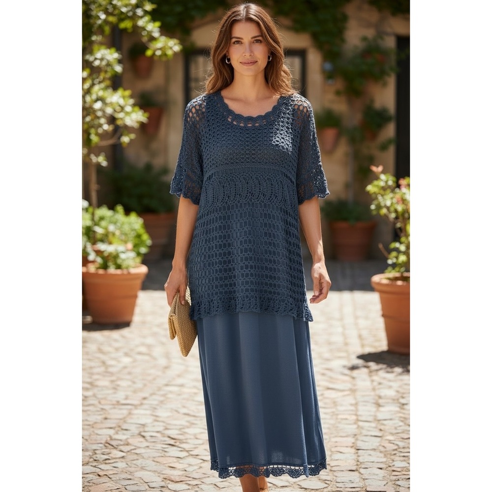 Carol Anderson‎ California Womens Blue Crochet 2 Piece Maxi Dress Set Large